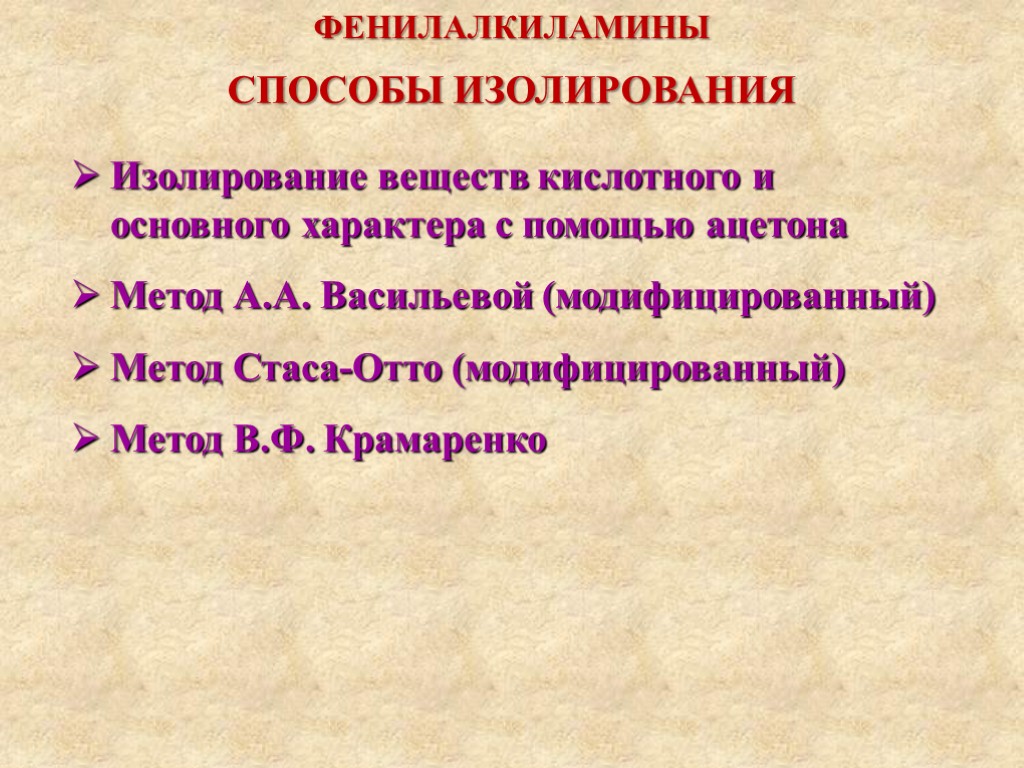 Изолирование веществ кислотного и основного характера с помощью ацетона Метод А.А. Васильевой (модифицированный) Метод